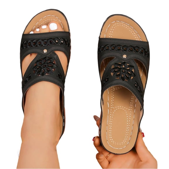 CHUMUD Women's Open Toe Beach Sandals Summer Non-slip Causal Comfortable Slides with Flowers Lightweight Wedge Shoes