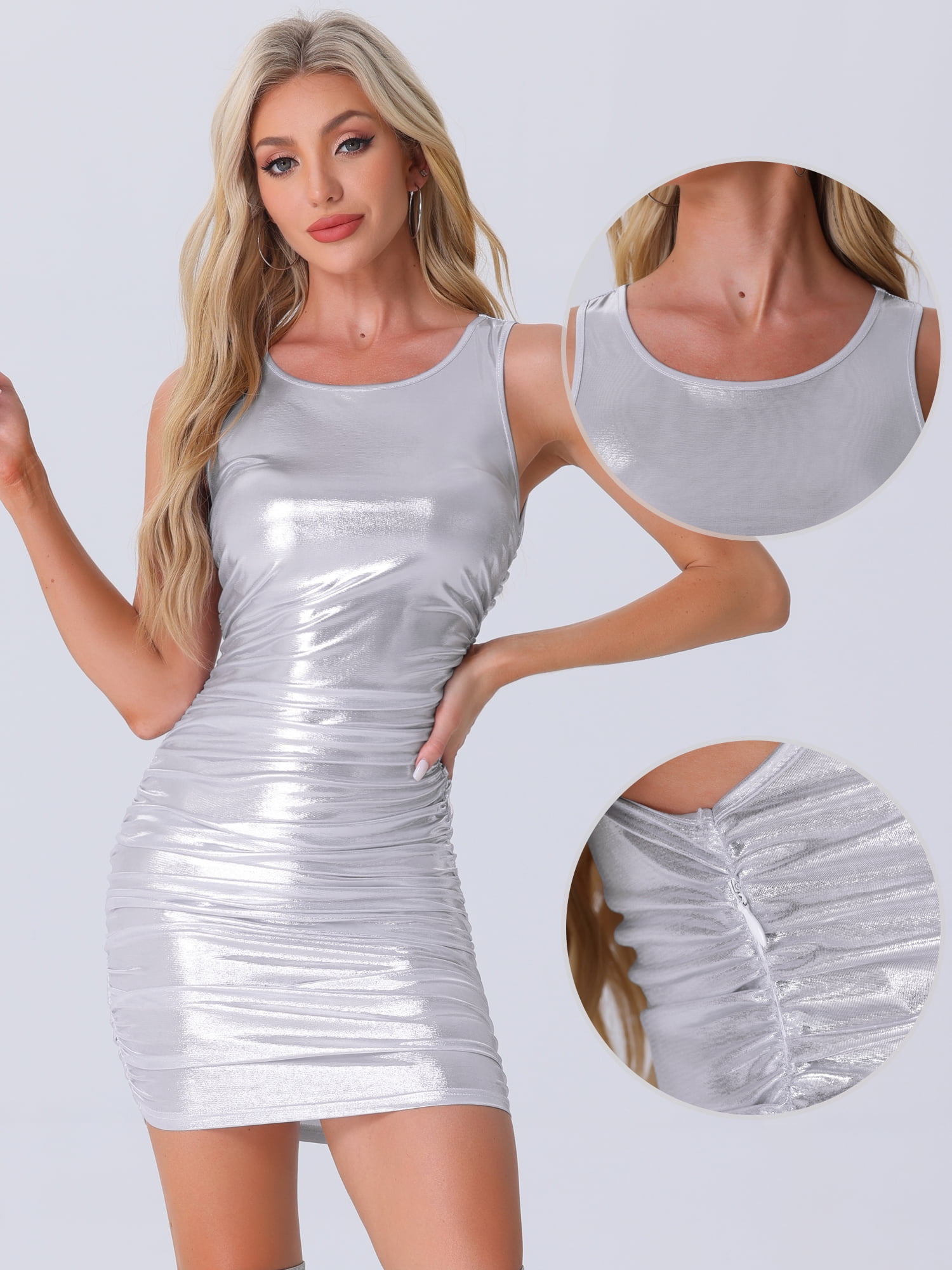 DARING DIVA Sleeveless Ruched Metallic Bodycon Mini Tank Dress L Silver