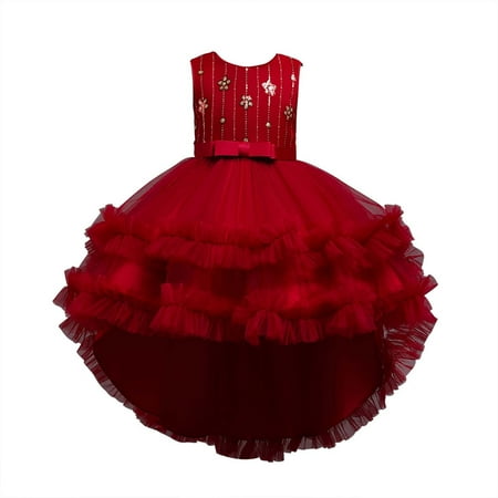 

YWDJ 3-12 Years Party Girls Dresses Kids Princess Dress Sequins Flower Tail Dress Skirt Tutu Skirt Net Wine 6-7 Years