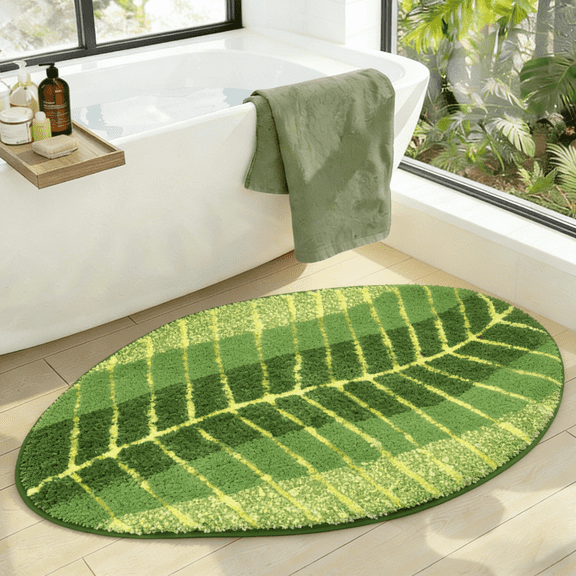 Evlmd Green Leaf Bathroom Rugs, Cute Palm Non-slip Absorbent Shower Floor Bath Runner Mat, Quick Dry for Shower Floor, Toilet, Bedroom, Kids Room
