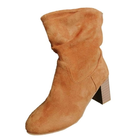 

KBKYBUYZ Women s Middle Calf Boots Round-Toe Casual Comfy Winter Fall Flock Boots
