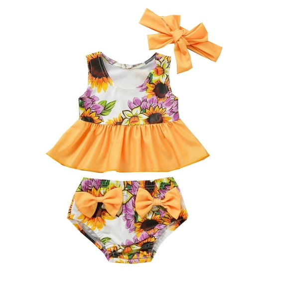 LNMQLPDBS Toddler Swimsuit Girl Flower Printed Ruffle Hem Sleeve Sleeveless Tops Elastic Waist Triangle Swimming Shorts & Bow Headbands 3pcs Outfits Swimwear 12-18 Month Swimsuit Girl Baby Bikini