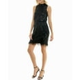 thumbnail image 4 of Nanette Lepore Women's Feather Trim Halter Neck Sequined Party Mini Dress-Black / 10, 4 of 6