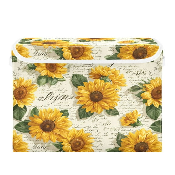 Large Collapsible Storage Box Flip Lid Fabric Decorative Organizer Container Basket with Handles 16.5×12.6×11.8in Vintage Paper with Sunflowers