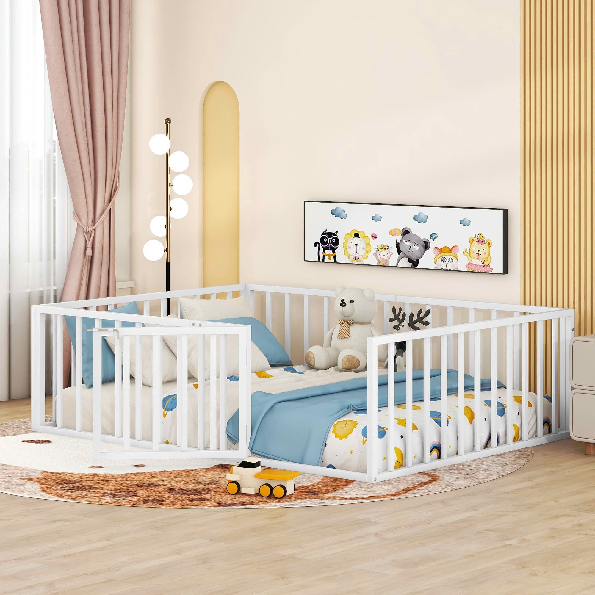 MAYEERTY Metal Floor Bed Frame with Fence and Openable Door Kids Play and Sleep Space
