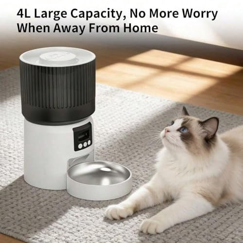 Automatic Cat Feeder, Auto Pet Feeder for Cats and Small Dogs, 4L Food Dispenser with Dual Power Supply, Programmable Portion Size, White