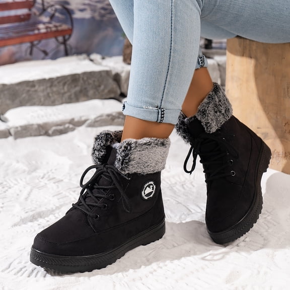 Fnooota Womens Cozy Boots, Warm Lace up Non Slip Outdoor Fur Lined Boots Winter Snow Black Size 10