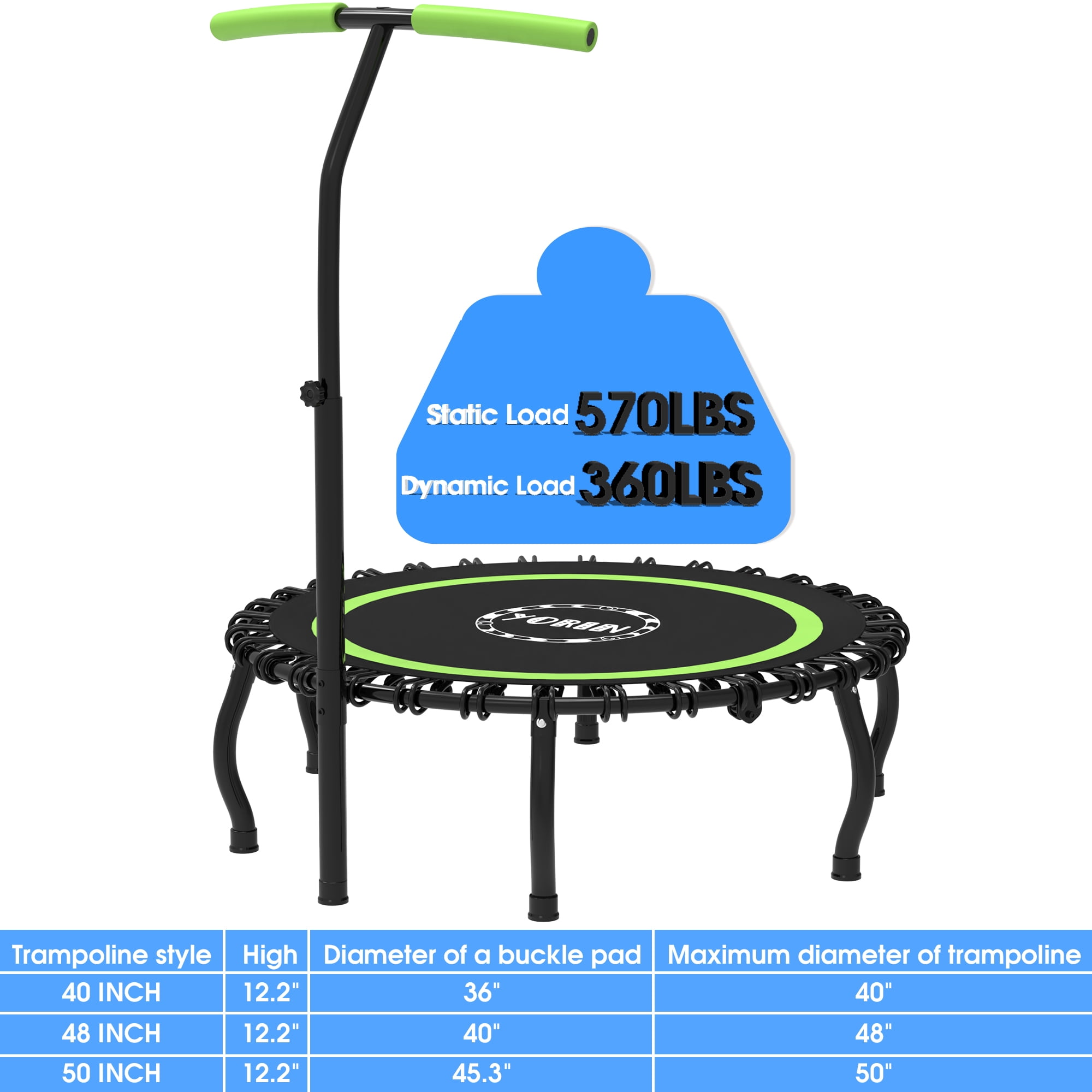 YORIN Rebounder Foldable Trampoline for Adults, 330LBS Fitness Indoor Trampoline, 40" 48" 50" Mini Exercise Trampoline with Bungees, 3 Level Adjustable Foam Handle Bar, Stable Quiet Small Trampoline