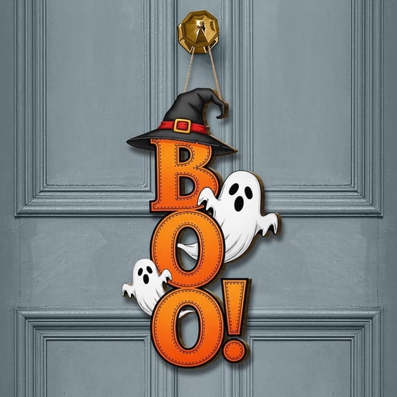 QuickGo Halloween Boo Ghost Sign, Wooden Door Hanger Sign, Cute Ghost Witch Hat Boo Hanging Sign for Front Door Wall Decor