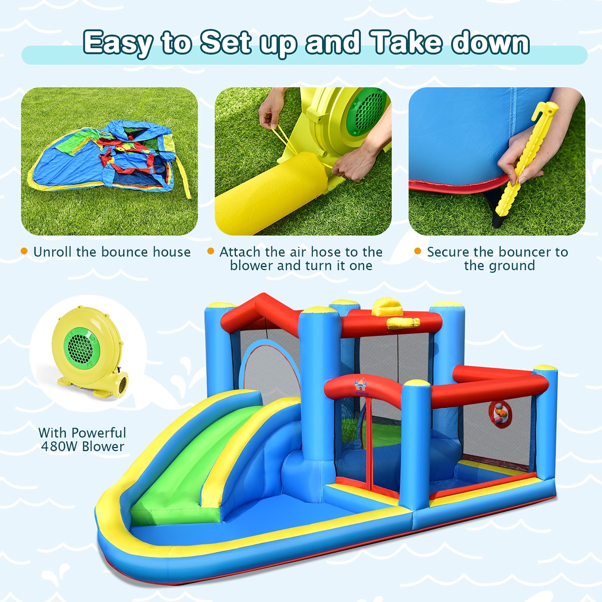 Costway Inflatable Kids Water Slide Outdoor Indoor Slide Splash Pool with 480W Blower