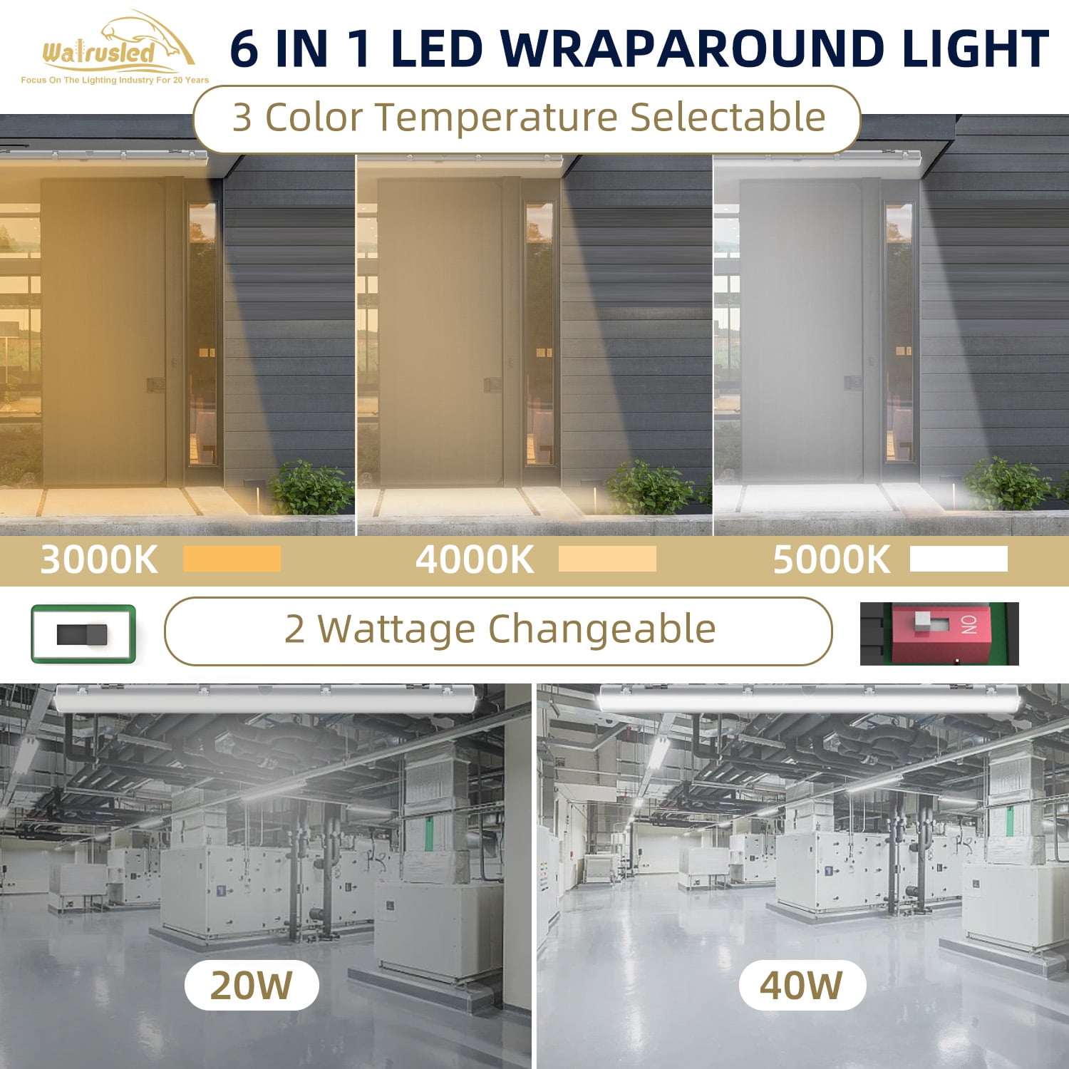 4FT LED Vapor Tight Emergency Light, Battery Backup IP65 20W/40W Vapor Proof Fixture, 3000K/4000K/5000K CCT 2500lm/5000lm Selectable, Dimmable 4 Foot Outdoor Carport Waterproof Shop Light Fixture,FCC