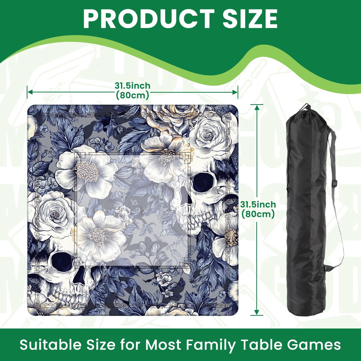 Mahjong Mat 31.5" x 31.5" seamless Wreaths garden flowers skulls Roses Non-Slip Noise Reduction American Mahjong Tiles Table Cover for Dominoes Poker Card Board Games Gift