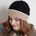 thumbnail image 5 of Naierhg Beanie Autumn Winter Women Warm Knitting Hat Contrast Color Splicing Design Ear Protection Pile Hat Knitting Beanie Hat StreetwearBlack, 5 of 7