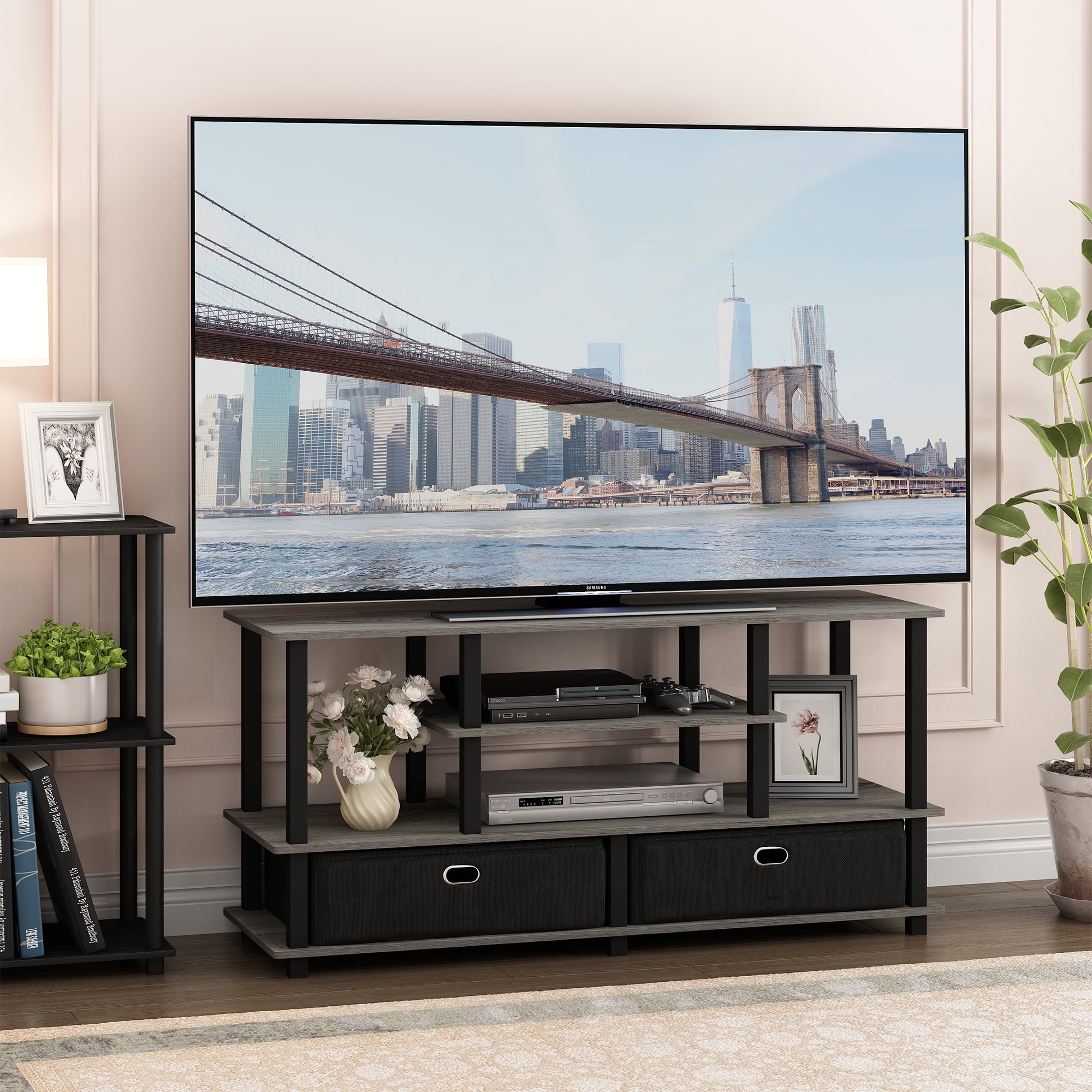 Walnuss/Schwarz holz Furinno JAYA TV Stand mit Einschüben mit modernen Design 33.27 x 33.27 x 56.64 cm 