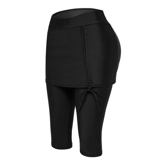 Lace Up Swim Shorts Long Board Shorts High Rise Swimsuit Bottoms Swim Capris, Black, XS