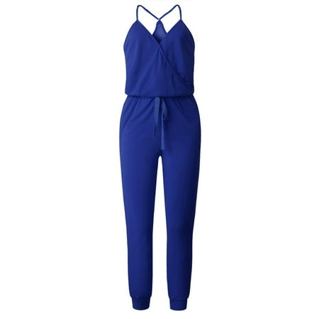 

Quealent Bodysuit For Women Jumpsuit Strap Women s Waisted Pants Drawstring Spaghetti Rompers V Neck Long Jumpsuit Women s Blue L