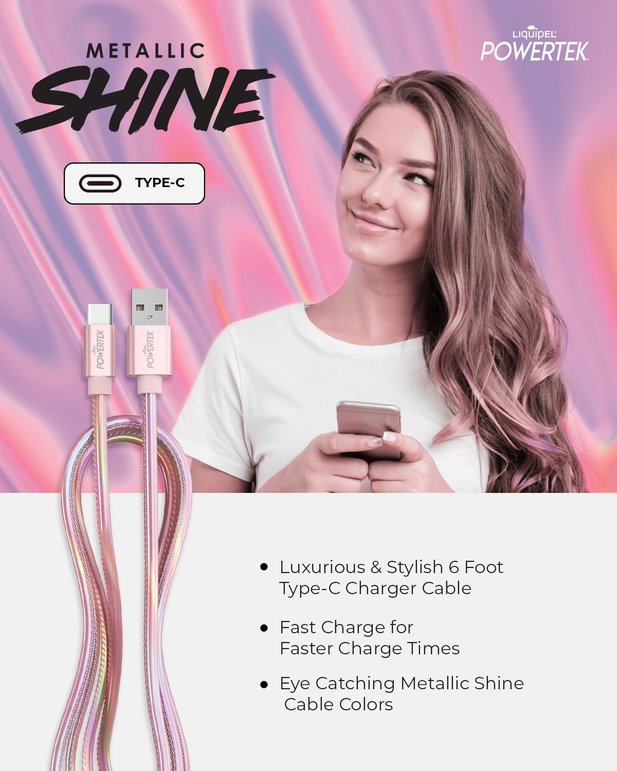 Liquipel Powertek Metallic Shine USB Type C Charger Cable, 6ft Fast Charging USB C Cord, Adapter for Car, Galaxy, Android, Note, MacBook, Nintendo, PlayStation, Chromebook, Pixel - Light Pink