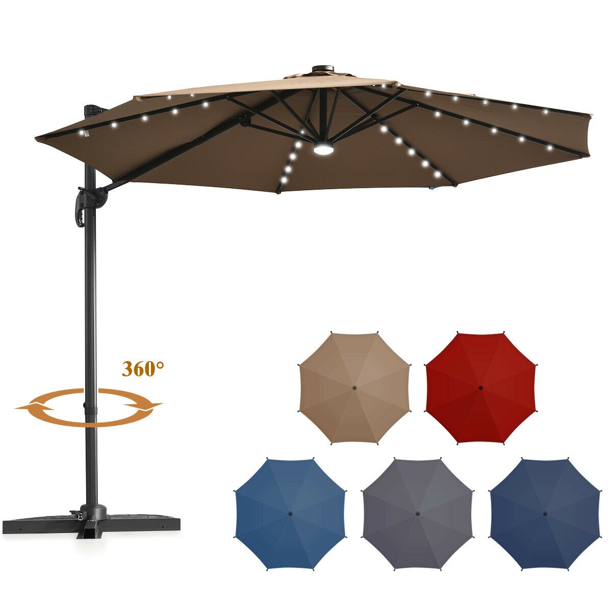 Gymax 10ft Solar Led Cantilever Offset Patio Umbrella 360 Rotation Aluminum Tan Walmart Canada