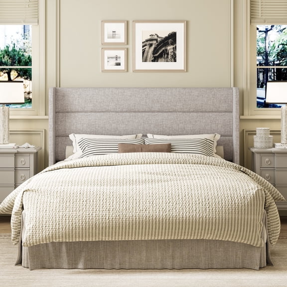 Frostbloom Queen Bed Frame, Upholstered Platform Bed with Linen Wingback Headboard, No Box Spring Needed, Beige