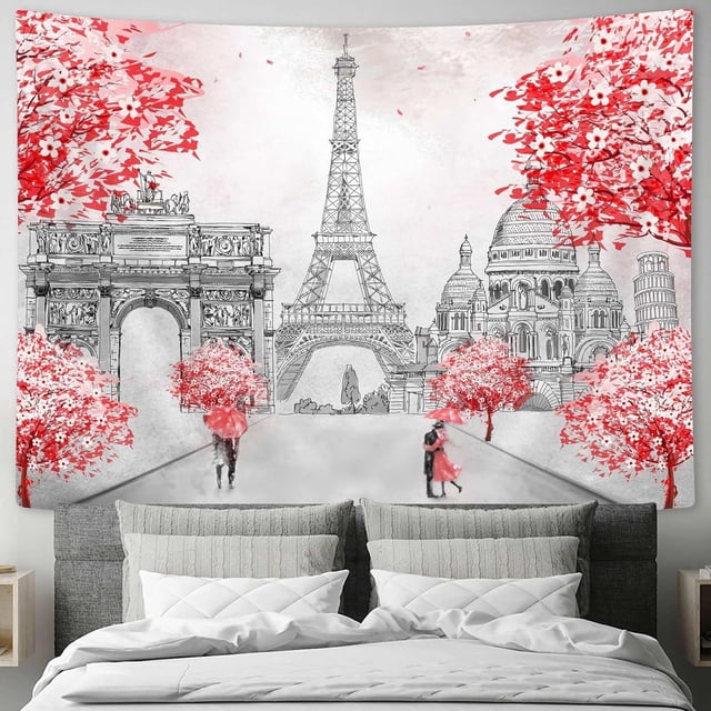 Tapiz para colgar en la pared, diseño romántico de París, rojo, 150 x 130 cm