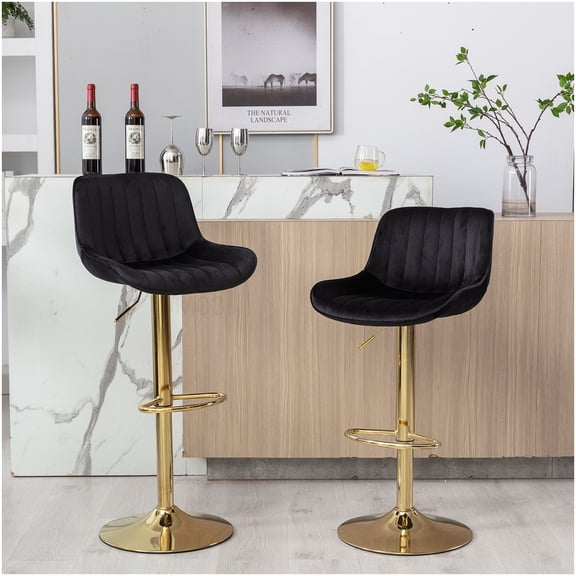 Set of 2 Adjustable Swivel Bar Stools with Velvet Upholstery and Chrome Footrest - Black Modern Counter Height Chairs