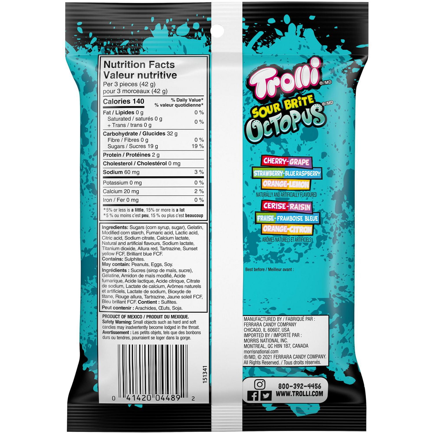 Trolli Sour Brite Octopus Gummy Candy, Net weight: 120g