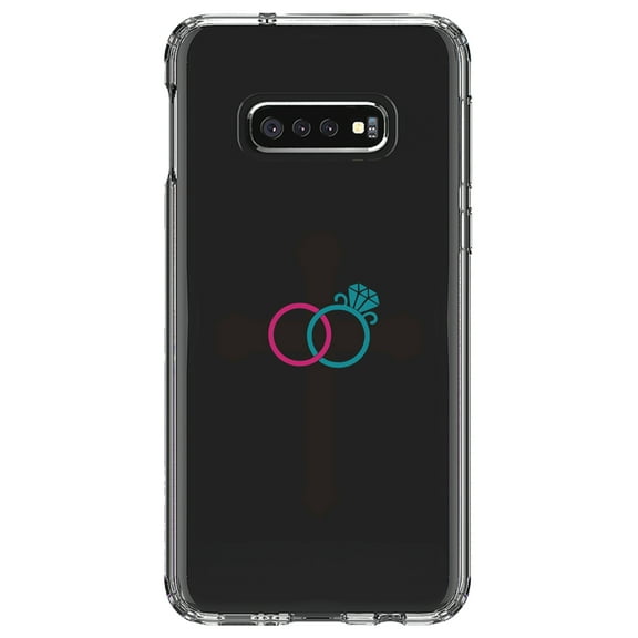 DistinctInk Clear Shockproof Hybrid Case for Samsung Galaxy S10e (5.8" Screen) - TPU Bumper Acrylic Back Tempered Glass Screen Protector - Wedding Rings Cross Jesus
