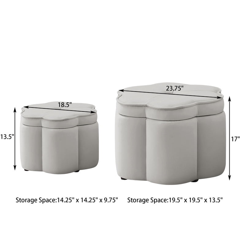 Set of 2 Storage Ottomans, Flower-Shaped Petal Ottoman, Upholstered Velvet Vanity Stool for Living Room & Bedroom, Gray