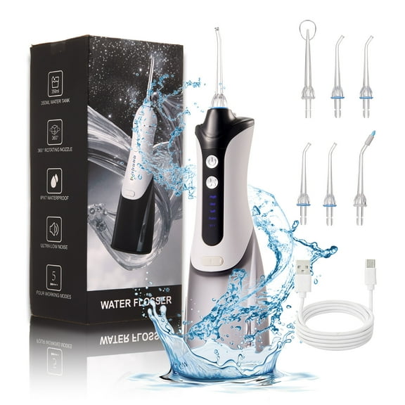 Anpro Cordless Water Flosser for Teeth, Dental Oral Irrigator with 6 Jet Tips, 5 DIY Modes, 350ML Tank, IPX7 Waterproof, Portable Rechargeable Water Flosser for Home and Travel, Black