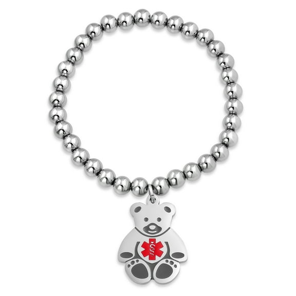 Bling Jewelry Womens Medical ID Bracelet with Teddy Bear Charm and Silver Tone Beads