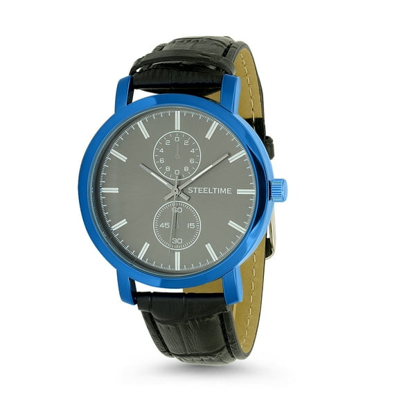 Steeltime Men's Blue Ion Plated Alloy Watch with Stylish Vegan Leather Band and Functioning Chronograph