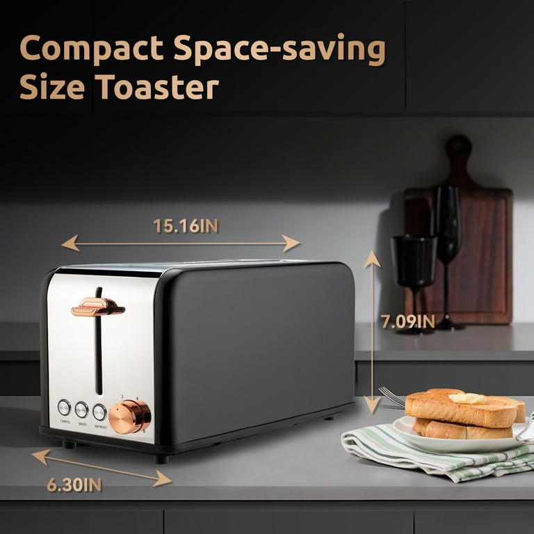 Toaster 4 Slice with Wide Slots, 2 Long Slot Toaster for Bagels Waffles and  Toast, 6 Browning Levels, Stainless Steel, Removable Tray