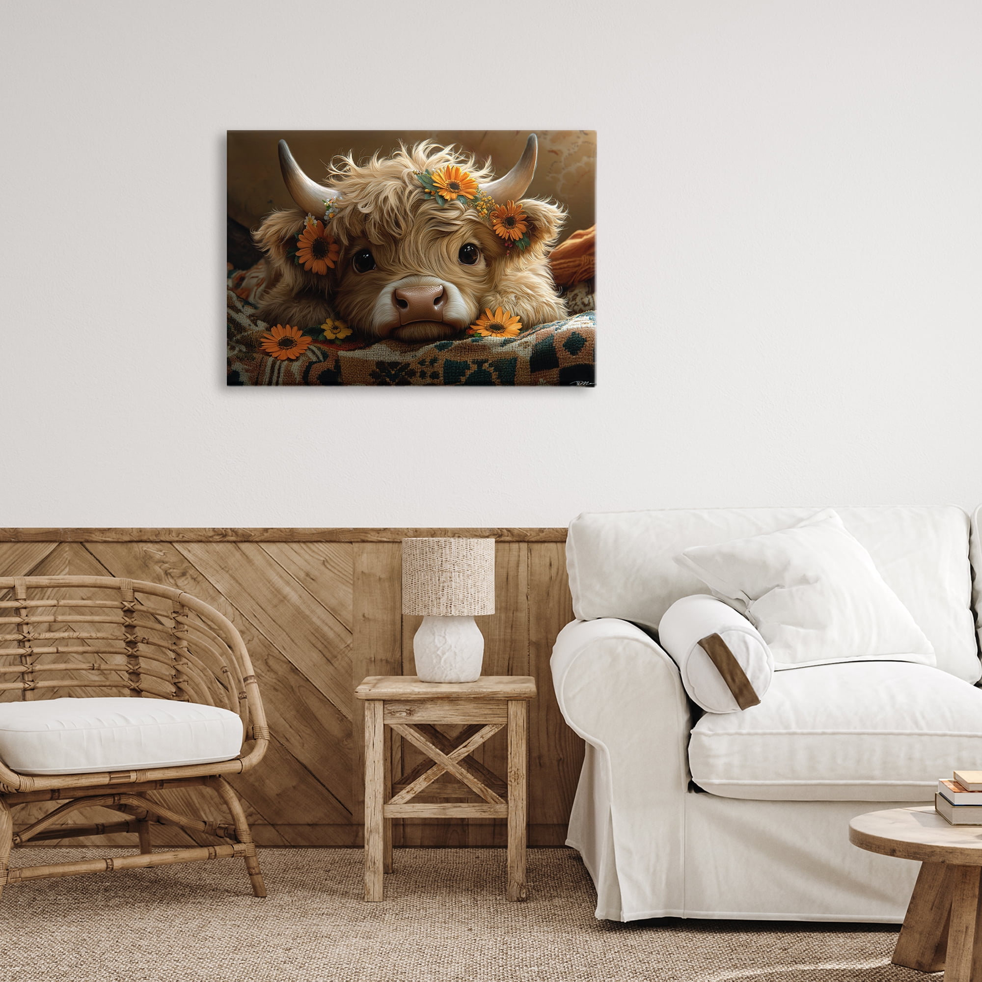 Adorable Flower Bedecked Cattle Canvas Wall Art, design by Momart