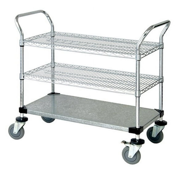 24" Deep x 36" Wide x 39" High 3 Tier Medium Duty Chrome Wire Utility Cart with 2 Wire Shelf & 1 Solid Shelf
