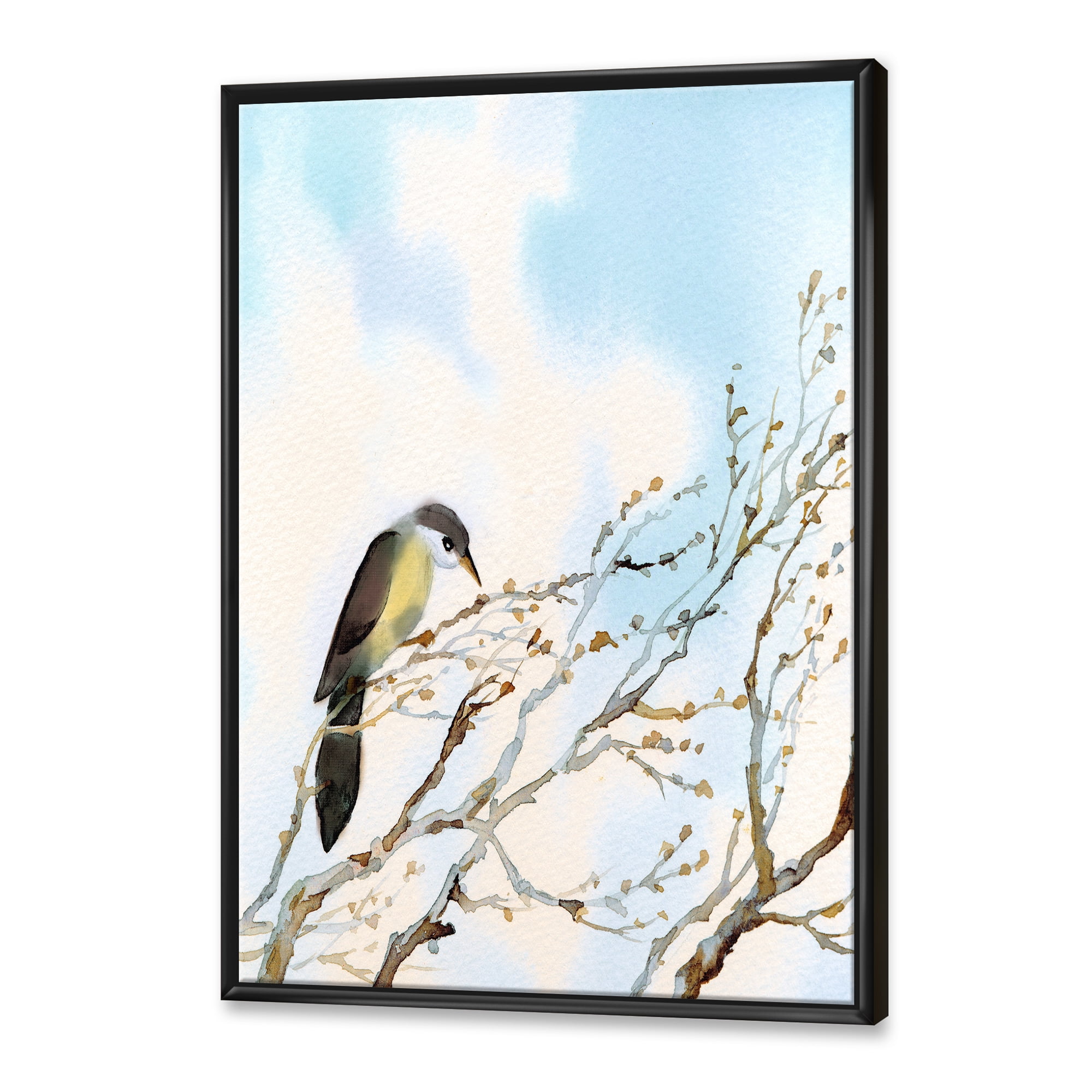 Designart 'Bird Sitting On Old Bare Tree With Blue Cloudy Sky' Traditional Framed Canvas Wall Art Print