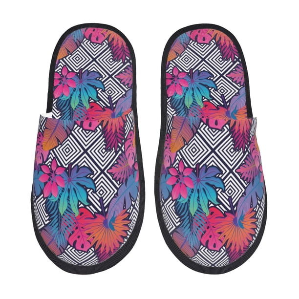 Balery Tropical Leaves Pantuflas de Casa de Felpa Silenciosas con Diseño Estampado, Zapatillas Cómodas Antideslizantes de Algodón para Interior-Medium