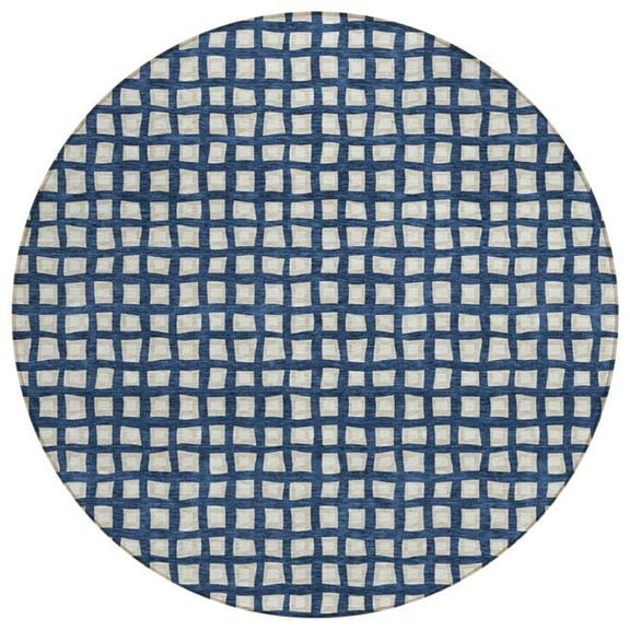 HomeRoots 583278 8 ft. Round Geometric Washable Indoor & Outdoor Area Rug, Navy Blue & Ivory