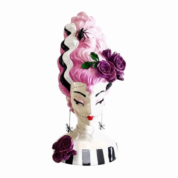 11.84" Bella Lux Retro Pink Bride of Frankenstein Wall Bust 2026 New Gothic Halloween Wall Hanging Statue With Spider Purple Rose Accents