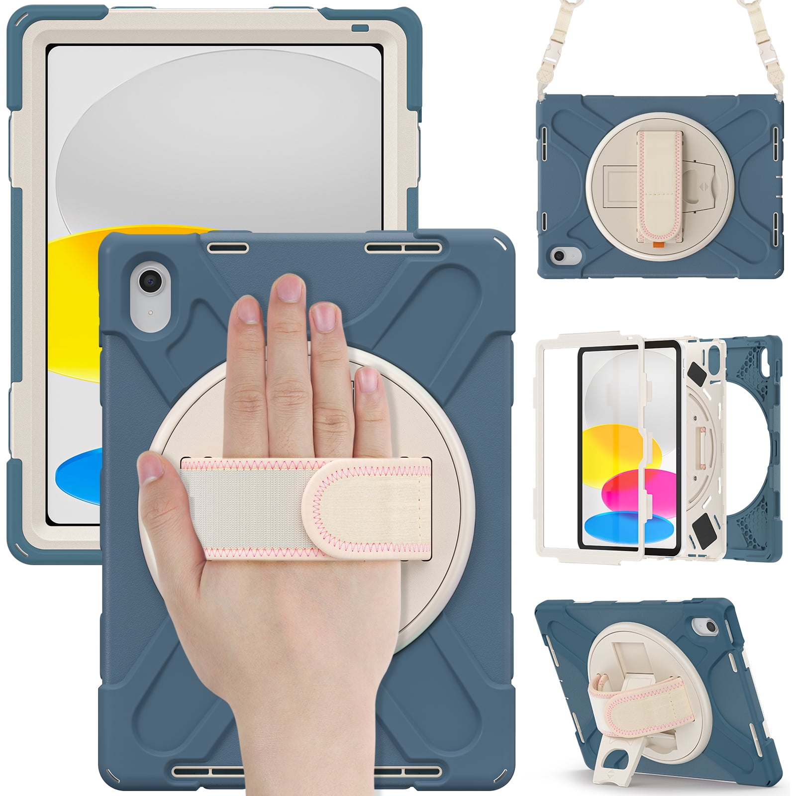 Case for iPad 10th Gen 10.9" 2022, Stable Kickstand 360 Rotating Hand Strap/Shoulder Strap