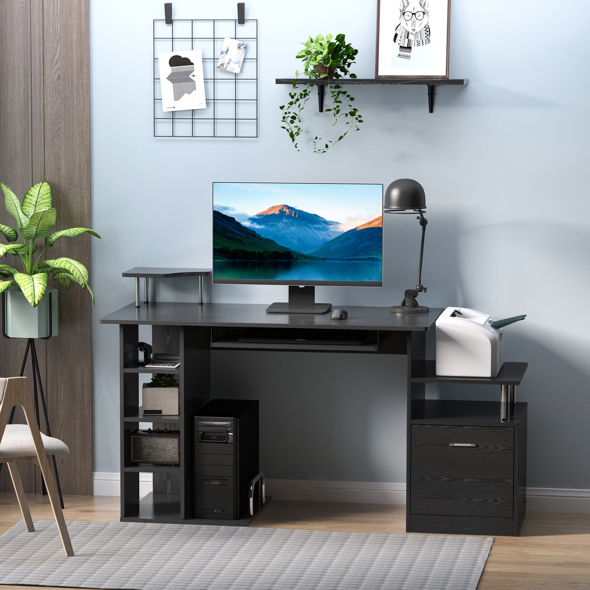 Black Wood Effect Computer Desk with Shelves and Storage Bin 