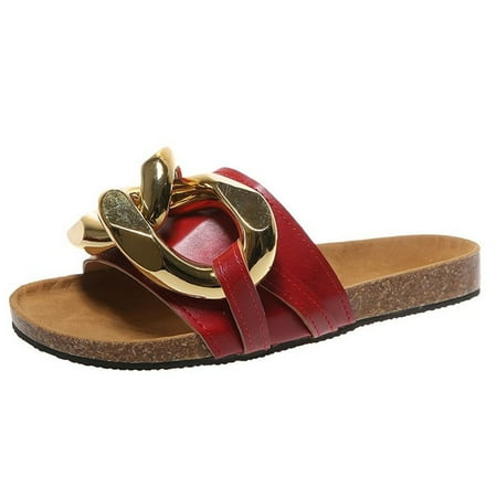 

Gecorid slippers Women Flat Sandals Casual Metal Chain Strap Summer Beach Slippers