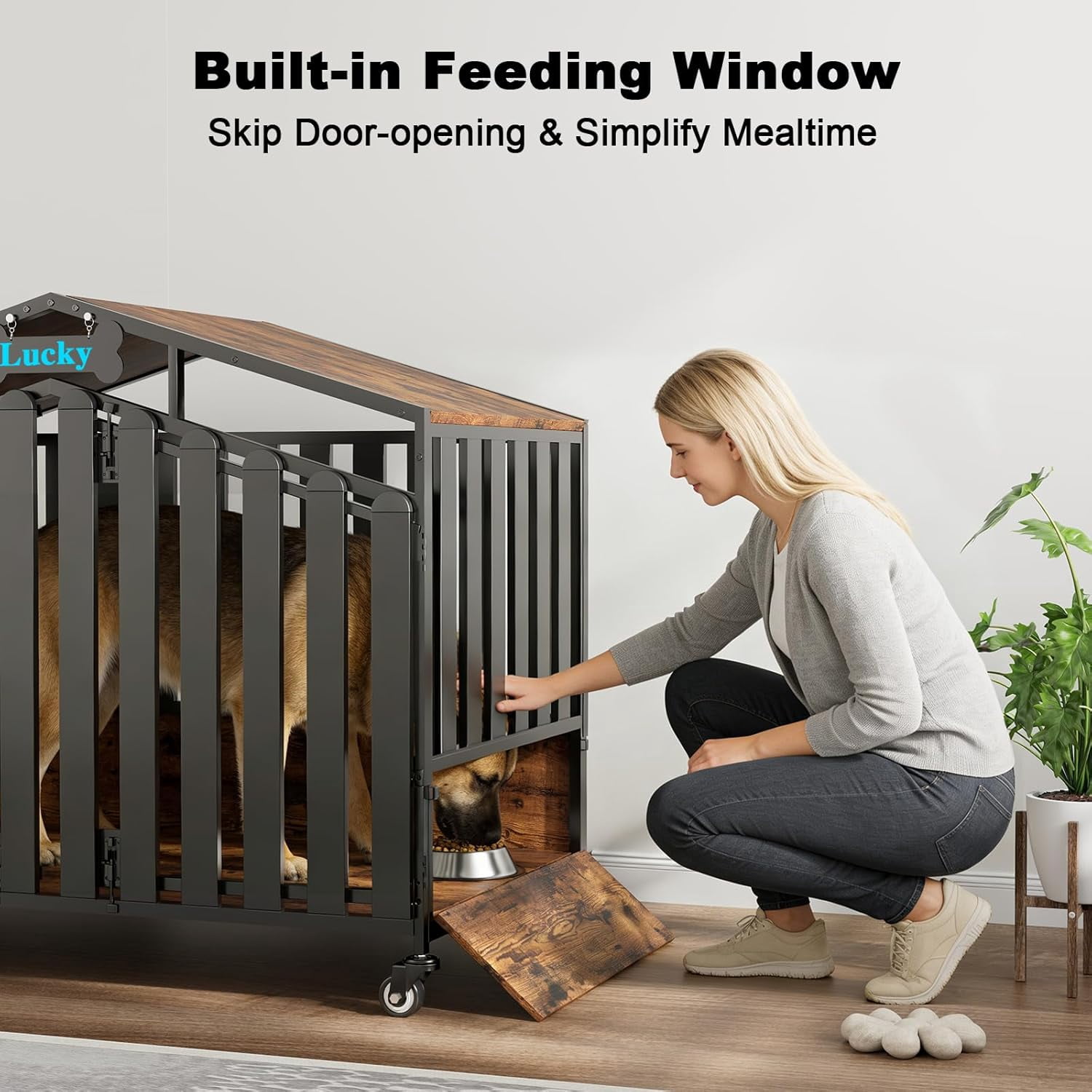 POAO 48"Heavy Duty Dog Crate Furniture for Large Dogs(Over 60lb), Dog Kennel Indoor with 360° Wheels, Dog House with Feeding Window and Name Tag
