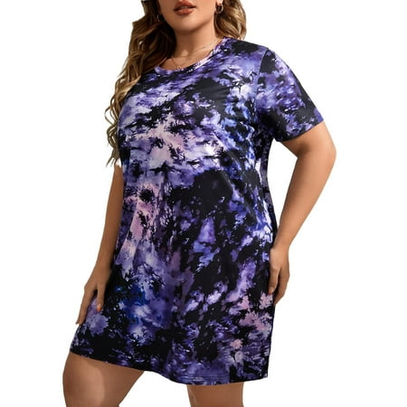 

Casual Tie Dye Round Neck Sleepshirts Multicolor Short Sleeve Plus Size Nightgowns & Sleepshirts S