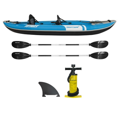driftsun voyager kayak inflatable paddles seats pump action double person complete accessories kayaks beginner padded tandem aluminum includes
