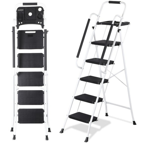 WSSYzyzf 5-Step Ladder, Heavy Duty Step Stool with Tool Tray, Wide Anti-Slip Pedal & Handrail