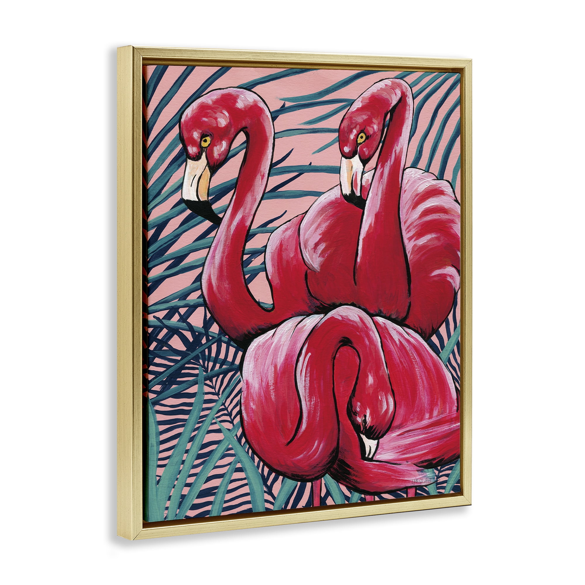 Stupell Industries Tropical Paradise Flamingos Animals Painting Gold Floater Framed Canvas Art Print Wall Art, 17 x 21