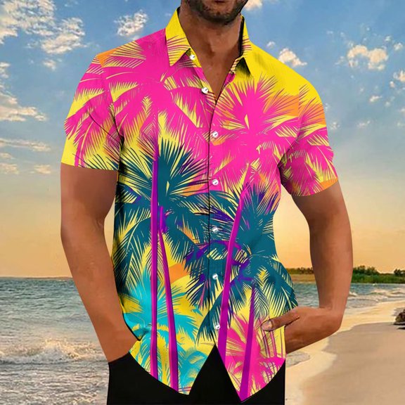 DPTALR Men's Casual Printed Turndown Collar Button Short Sleeve Shirt,Multicolor, XXL