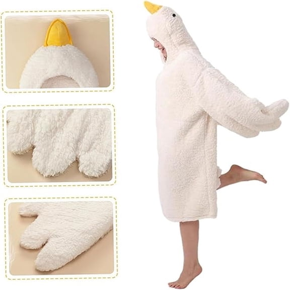 Cozy Fleece Big Duck Onesie Pajamas for Women - Funny Unisex Jumpsuit with Hood, Perfect for Parties, Sleepwear, and Lounging at Home White