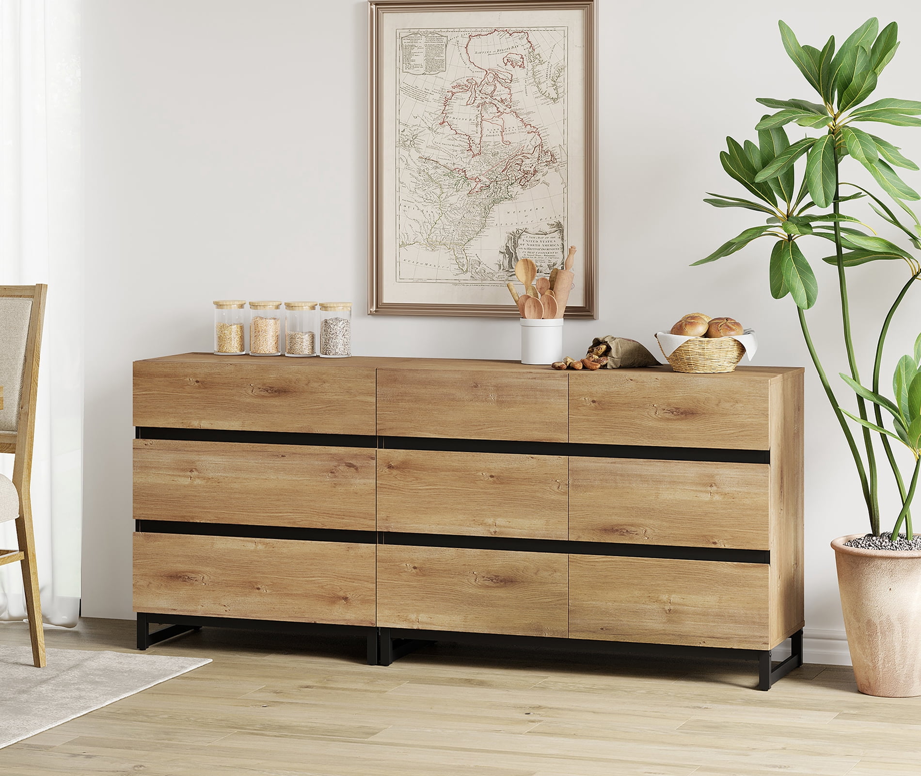 2 In 1 Sideboard Buffet Cabinets With 9 Drawers, Modern Sideboard Credenza With Metal Base, Coffee Bar Cabinet Storage Cabinet For Living Room, Kitchen,Oak