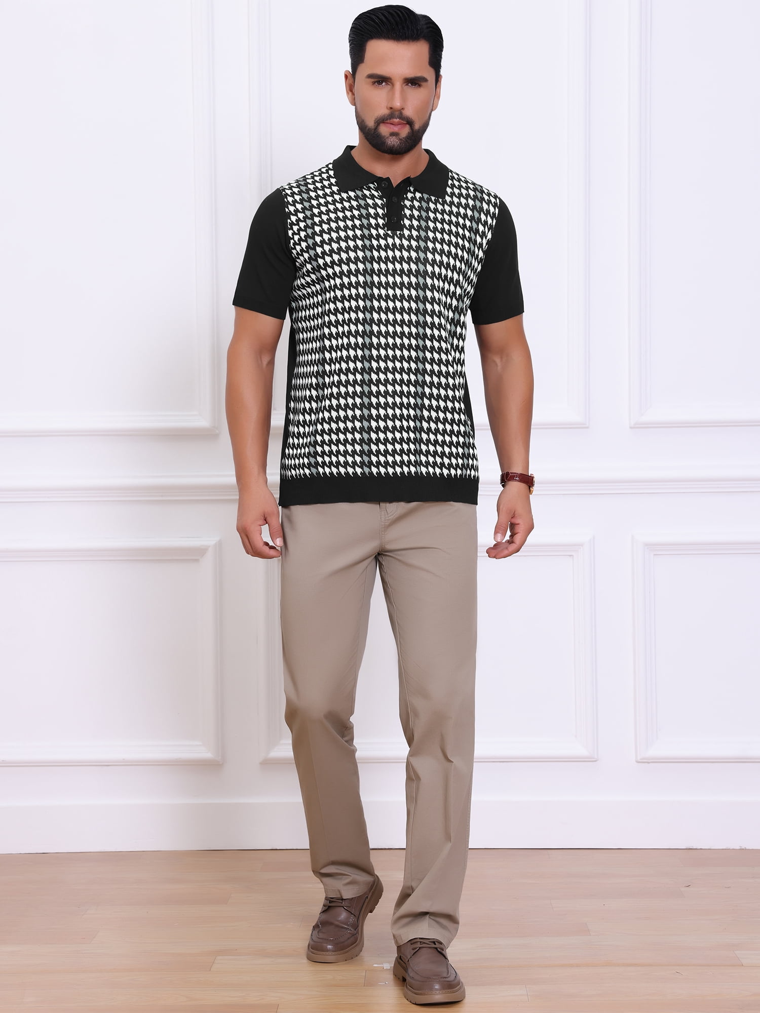 DARING DIVA Men's Houndstooth Summer Short Sleeve Casual Knit Polo Shirt S Black White
